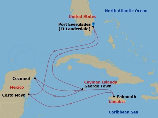 9 Night - Western Caribbean Cruise - Celebrity Silhouette - Starting in Fort Lauderdale, Florida, Puerto Costa Maya, Mexico, Falmouth, Jamaica, Cozumel, Mexico, George Town, Grand Cayman, Fort Lauderdale, Florida itinerary map