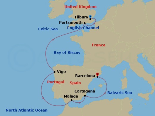 7 Night - Iberian Explorer - Viking Astrea - Starting in London (Tilbury), Portsmouth UK, Scenic Sailing English Channel, Vigo, Sail the Atlantic Ocean, Granada (Malaga), Murcia (Cartagena ES, Spain), Barcelona itinerary map