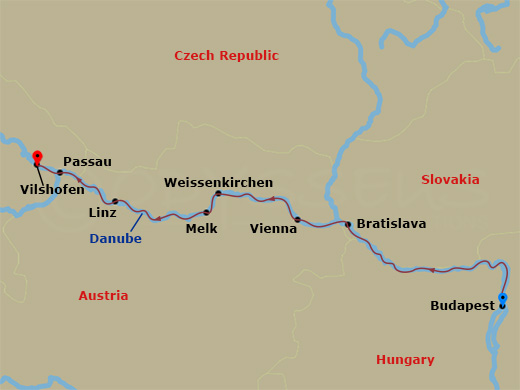 7 Night - Christmas Markets On the Danube (Christmas Day Celebration) - AmaReina - Starting in Budapest, Bratislava, Vienna, Weissenkirchen, Melk, Linz, Passau, Vilshofen itinerary map