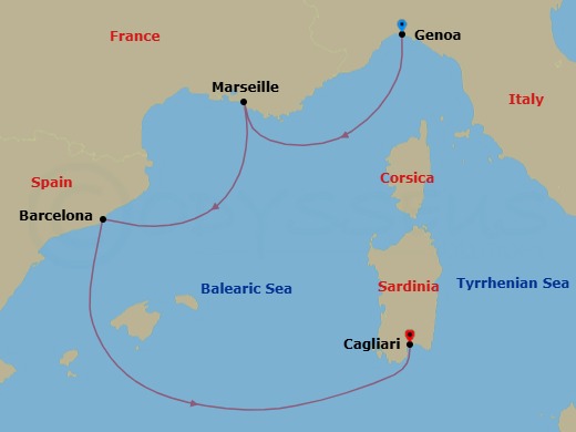 4 Night - Cruise from Genoa to Cagliari - Costa Toscana - Starting in Genoa (Portofino), Marseille, Barcelona, Cagliari itinerary map