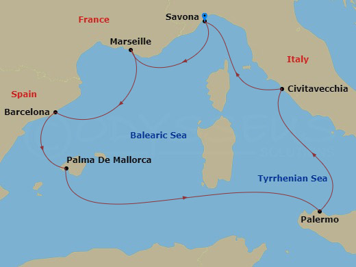 7 Night - Mediterranean Roundtrip from Savona - Costa Toscana - Starting in Savona, Marseille, Barcelona, Palma De Mallorca, Palermo, Civitavecchia (Rome), Savona itinerary map