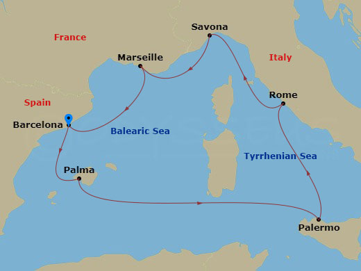 7 Night - Southern Europe Roundtrip from Barcelona - Costa Toscana - Starting in Barcelona, Palma De Mallorca, Palermo, Civitavecchia (Rome), Savona, Marseille, Barcelona itinerary map