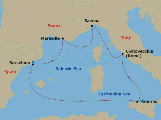 6 Night - Southern Europe Roundtrip from Barcelona - Costa Toscana - Starting in Barcelona, Palermo, Civitavecchia (Rome), Savona, Marseille, Barcelona itinerary map