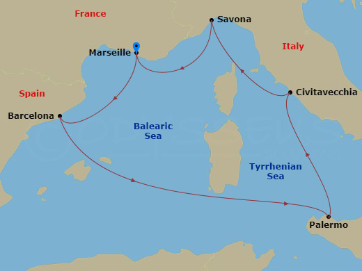 6 Night - Western Mediterranean Roundtrip from Marseille - Costa Toscana - Starting in Marseille, Barcelona, Palermo, Civitavecchia (Rome), Savona, Marseille itinerary map