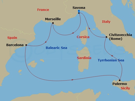 6 Night - Mediterranean Roundtrip from Savona - Costa Toscana - Starting in Savona, Marseille, Barcelona, Palermo, Civitavecchia (Rome), Savona itinerary map