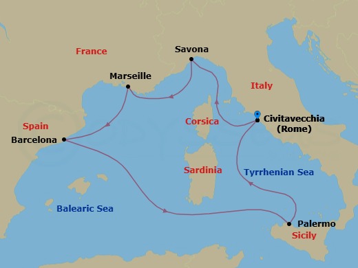 6 Night - Western Mediterranean Roundtrip from Rome (Civitavecchia) - Costa Toscana - Starting in Civitavecchia (Rome), Savona, Marseille, Barcelona, Palermo, Civitavecchia (Rome) itinerary map