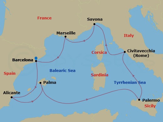 8 Night - Southern Europe Roundtrip from Barcelona - Costa Toscana - Starting in Barcelona, Alicante, Palma De Mallorca, Palermo, Civitavecchia (Rome), Savona, Marseille, Barcelona itinerary map