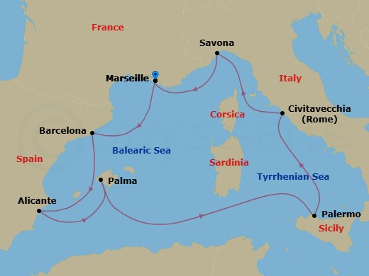 8 Night - Western Mediterranean Roundtrip from Marseille - Costa Toscana - Starting in Marseille, Barcelona, Alicante, Palma De Mallorca, Palermo, Civitavecchia (Rome), Savona, Marseille itinerary map