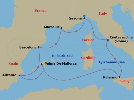 8 Night - Mediterranean Roundtrip from Savona - Costa Toscana - Starting in Savona, Marseille, Barcelona, Alicante, Palma De Mallorca, Palermo, Civitavecchia (Rome), Savona itinerary map