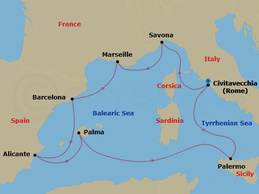 8 Night - Western Mediterranean Roundtrip from Rome (Civitavecchia) - Costa Toscana - Starting in Civitavecchia (Rome), Savona, Marseille, Barcelona, Alicante, Palma De Mallorca, Palermo, Civitavecchia (Rome) itinerary map