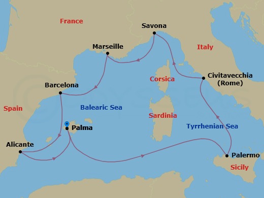 8 Night - Western Mediterranean Roundtrip from Palma De Mallorca - Costa Toscana - Starting in Palma De Mallorca, Palermo, Civitavecchia (Rome), Savona, Marseille, Barcelona, Alicante, Palma De Mallorca itinerary map