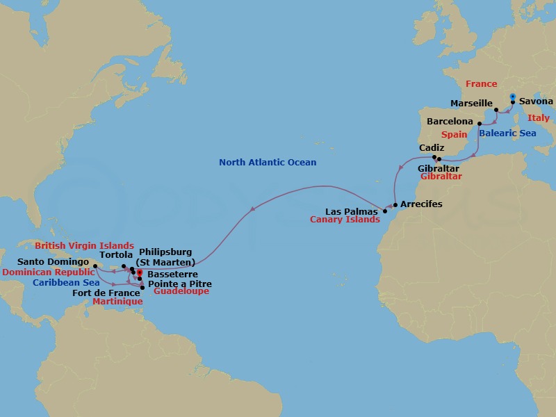 24 Night - Europe from Savona to Pointe a Pitre - Costa Serena - Starting in Savona, Marseille, Barcelona, Gibraltar, Cadiz, Arrecife (Lanzarote), Las Palmas (Gran Canaria), Philipsburg, Fort-de-France, Pointe-a-Pitre, Basseterre, Saint Kitts, Road Harbour (Tortola), Philipsburg, Santo Domingo, Fort-de-France, Pointe-a-Pitre itinerary map