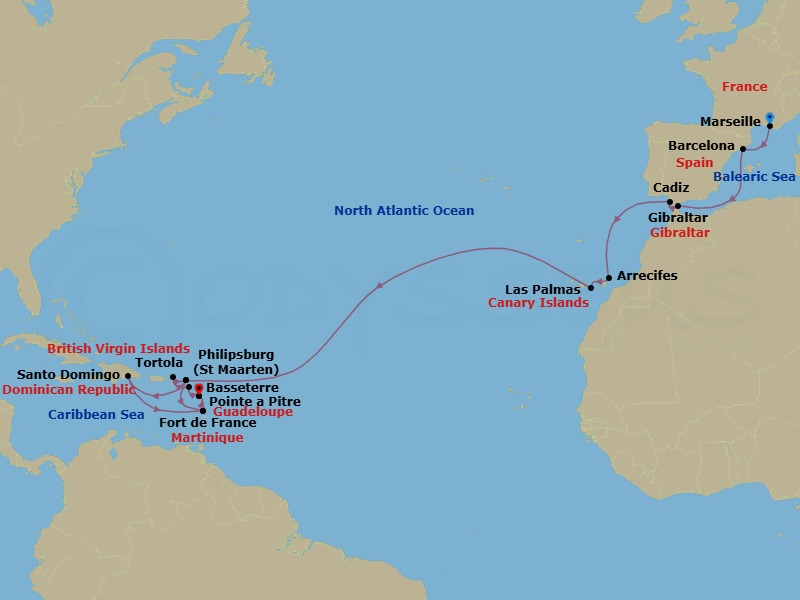 23 Night - Europe from Marseille to Pointe a Pitre - Costa Serena - Starting in Marseille, Barcelona, Gibraltar, Cadiz, Arrecife (Lanzarote), Las Palmas (Gran Canaria), Philipsburg, Fort-de-France, Pointe-a-Pitre, Basseterre, Saint Kitts, Road Harbour (Tortola), Philipsburg, Santo Domingo, Fort-de-France, Pointe-a-Pitre itinerary map