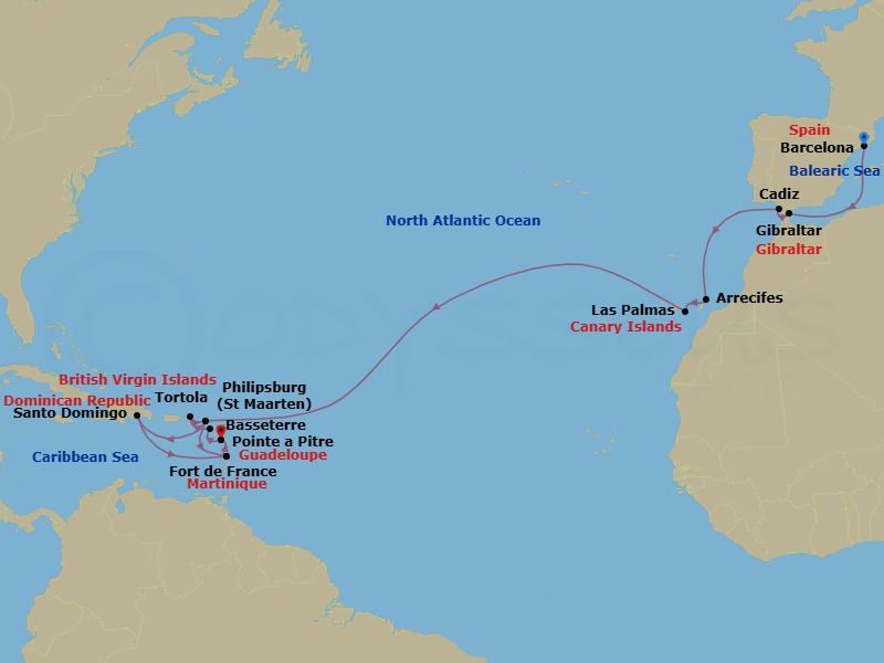 22 Night - Europe from Barcelona to Pointe a Pitre - Costa Serena - Starting in Barcelona, Gibraltar, Cadiz, Arrecife (Lanzarote), Las Palmas (Gran Canaria), Philipsburg, Fort-de-France, Pointe-a-Pitre, Basseterre, Saint Kitts, Road Harbour (Tortola), Philipsburg, Santo Domingo, Fort-de-France, Pointe-a-Pitre itinerary map