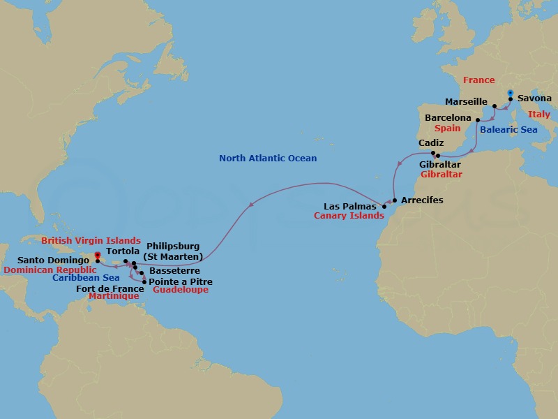 21 Night - Caribbean from Savona to Santo Domingo - Costa Serena - Starting in Savona, Marseille, Barcelona, Gibraltar, Cadiz, Arrecife (Lanzarote), Las Palmas (Gran Canaria), Philipsburg, Fort-de-France, Pointe-a-Pitre, Basseterre, Saint Kitts, Road Harbour (Tortola), Philipsburg, Santo Domingo itinerary map