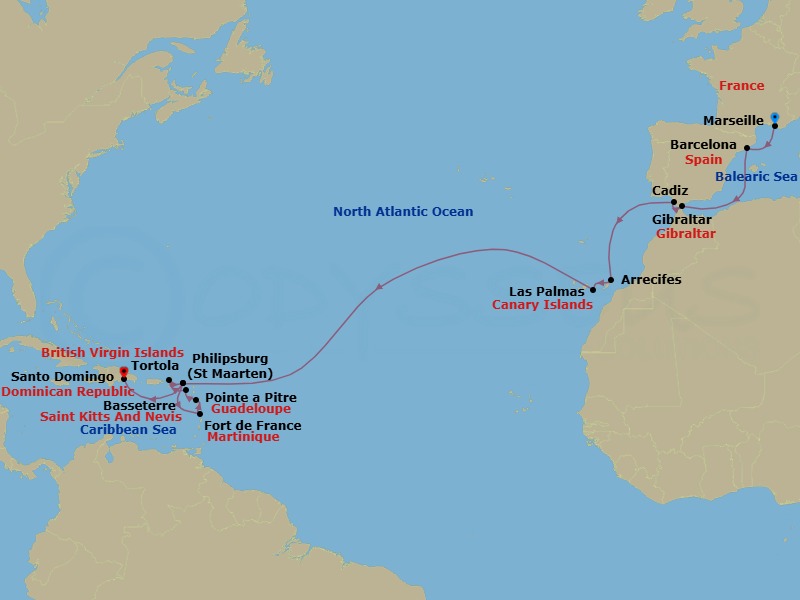 20 Night - Caribbean from Marseille to Santo Domingo - Costa Serena - Starting in Marseille, Barcelona, Gibraltar, Cadiz, Arrecife (Lanzarote), Las Palmas (Gran Canaria), Philipsburg, Fort-de-France, Pointe-a-Pitre, Basseterre, Saint Kitts, Road Harbour (Tortola), Philipsburg, Santo Domingo itinerary map