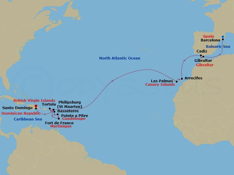 19 Night - Caribbean from Barcelona to Santo Domingo - Costa Serena - Starting in Barcelona, Gibraltar, Cadiz, Arrecife (Lanzarote), Las Palmas (Gran Canaria), Philipsburg, Fort-de-France, Pointe-a-Pitre, Basseterre, Saint Kitts, Road Harbour (Tortola), Philipsburg, Santo Domingo itinerary map