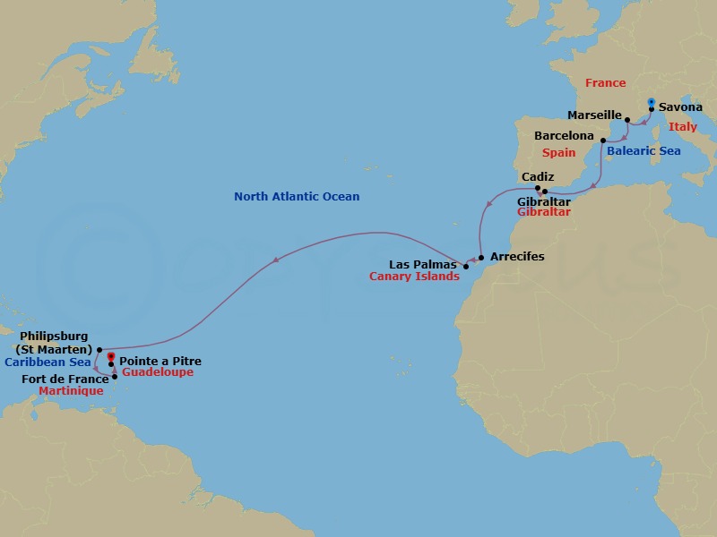 17 Night - Europe from Savona to Pointe a Pitre - Costa Serena - Starting in Savona, Marseille, Barcelona, Gibraltar, Cadiz, Arrecife (Lanzarote), Las Palmas (Gran Canaria), Philipsburg, Fort-de-France, Pointe-a-Pitre itinerary map