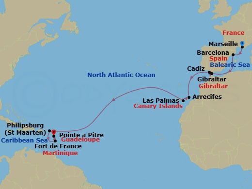 16 Night - Europe from Marseille to Pointe a Pitre - Costa Serena - Starting in Marseille, Barcelona, Gibraltar, Cadiz, Arrecife (Lanzarote), Las Palmas (Gran Canaria), Philipsburg, Fort-de-France, Pointe-a-Pitre itinerary map