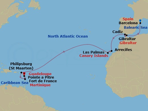 15 Night - Europe from Barcelona to Pointe a Pitre - Costa Serena - Starting in Barcelona, Gibraltar, Cadiz, Arrecife (Lanzarote), Las Palmas (Gran Canaria), Philipsburg, Fort-de-France, Pointe-a-Pitre itinerary map