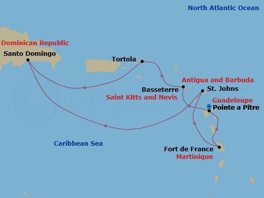 7 Night - Cruise Roundtrip from Pointe a Pitre - Costa Serena - Starting in Pointe-a-Pitre, Basseterre, Saint Kitts, Road Harbour (Tortola), Santo Domingo, St Johns AG, Antigua, Fort-de-France, Pointe-a-Pitre itinerary map