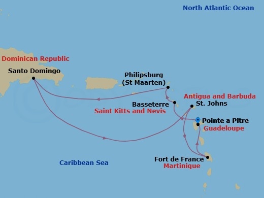 7 Night - Cruise Roundtrip from Pointe a Pitre - Costa Serena - Starting in Pointe-a-Pitre, Basseterre, Saint Kitts, Philipsburg, Santo Domingo, St Johns AG, Antigua, Fort-de-France, Pointe-a-Pitre itinerary map