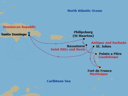 7 Night - Caribbean Roundtrip from Santo Domingo - Costa Serena - Starting in Santo Domingo, St Johns AG, Antigua, Fort-de-France, Pointe-a-Pitre, Basseterre, Saint Kitts, Philipsburg, Santo Domingo itinerary map