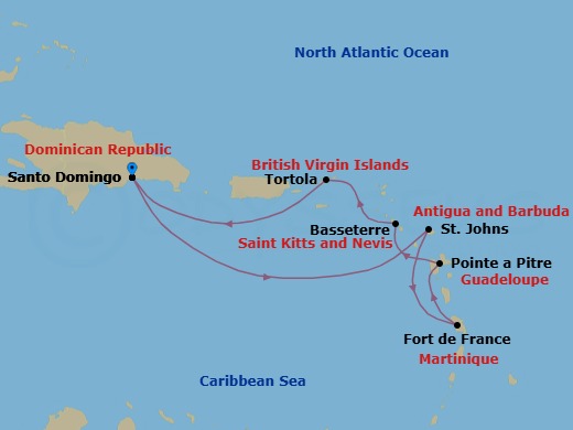 7 Night - Caribbean Roundtrip from Santo Domingo - Costa Serena - Starting in Santo Domingo, St Johns AG, Antigua, Fort-de-France, Pointe-a-Pitre, Basseterre, Saint Kitts, Road Harbour (Tortola), Santo Domingo itinerary map