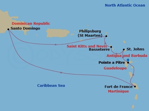 7 Night - Cruise Roundtrip from Pointe a Pitre - Costa Serena - Starting in Pointe-a-Pitre, St Johns AG, Antigua, Basseterre, Saint Kitts, Philipsburg, Santo Domingo, Fort-de-France, Pointe-a-Pitre itinerary map