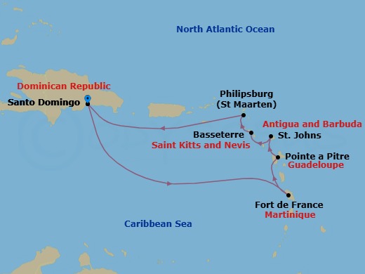 7 Night - Caribbean Roundtrip from Santo Domingo - Costa Serena - Starting in Santo Domingo, Fort-de-France, Pointe-a-Pitre, St Johns AG, Antigua, Basseterre, Saint Kitts, Philipsburg, Santo Domingo itinerary map