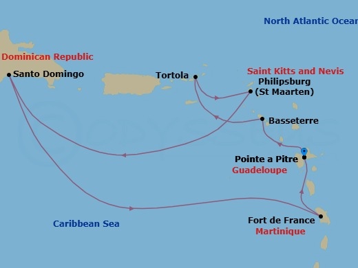 7 Night - Cruise Roundtrip from Pointe a Pitre - Costa Serena - Starting in Pointe-a-Pitre, Basseterre, Saint Kitts, Road Harbour (Tortola), Philipsburg, Santo Domingo, Fort-de-France, Pointe-a-Pitre itinerary map