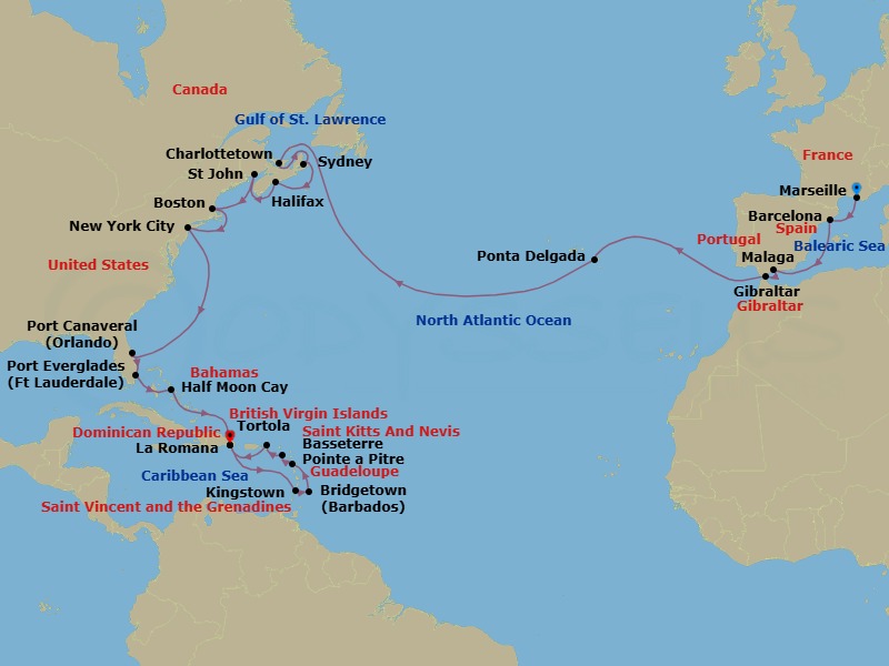 34 Night - Caribbean from Marseille to La Romana - Costa Fascinosa - Starting in Marseille, Barcelona, Malaga, Gibraltar, Ponta Delgada (Azores), Charlottetown, Canada, Sydney NS, Nova Scotia, Canada, Halifax, Nova Scotia, Canada, Saint John NB, Boston, New York, Port Canaveral, Port Everglades, Half Moon Cay, La Romana, Kingstown, Saint Vincent, Bridgetown, Barbados, Pointe-a-Pitre, Basseterre, Saint Kitts, Road Harbour (Tortola), La Romana itinerary map