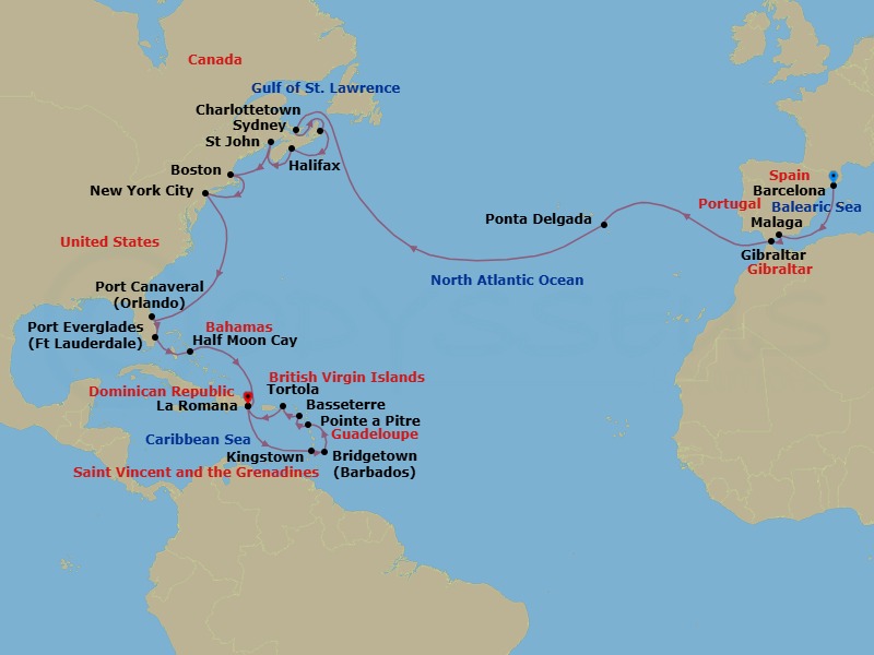 33 Night - Caribbean from Barcelona to La Romana - Costa Fascinosa - Starting in Barcelona, Malaga, Gibraltar, Ponta Delgada (Azores), Charlottetown, Canada, Sydney NS, Nova Scotia, Canada, Halifax, Nova Scotia, Canada, Saint John NB, Boston, New York, Port Canaveral, Port Everglades, Half Moon Cay, La Romana, Kingstown, Saint Vincent, Bridgetown, Barbados, Pointe-a-Pitre, Basseterre, Saint Kitts, Road Harbour (Tortola), La Romana itinerary map