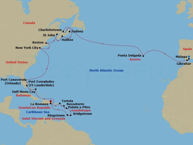31 Night - Cruise from Malaga to La Romana - Costa Fascinosa - Starting in Malaga, Gibraltar, Ponta Delgada (Azores), Charlottetown, Canada, Sydney NS, Nova Scotia, Canada, Halifax, Nova Scotia, Canada, Saint John NB, Boston, New York, Port Canaveral, Port Everglades, Half Moon Cay, La Romana, Kingstown, Saint Vincent, Bridgetown, Barbados, Pointe-a-Pitre, Basseterre, Saint Kitts, Road Harbour (Tortola), La Romana itinerary map