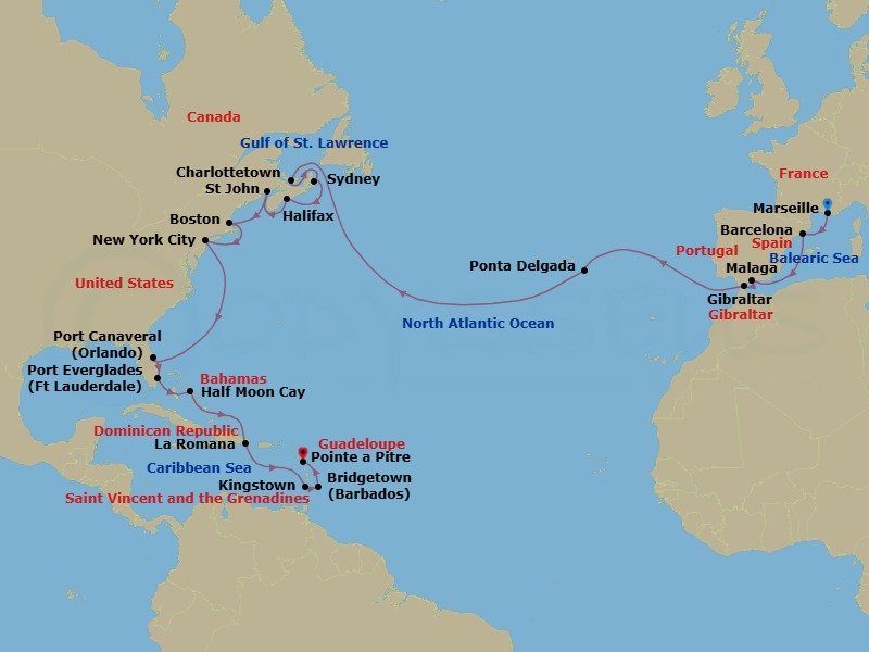 31 Night - Europe from Marseille to Pointe a Pitre - Costa Fascinosa - Starting in Marseille, Barcelona, Malaga, Gibraltar, Ponta Delgada (Azores), Charlottetown, Canada, Sydney NS, Nova Scotia, Canada, Halifax, Nova Scotia, Canada, Saint John NB, Boston, New York, Port Canaveral, Port Everglades, Half Moon Cay, La Romana, Kingstown, Saint Vincent, Bridgetown, Barbados, Pointe-a-Pitre itinerary map
