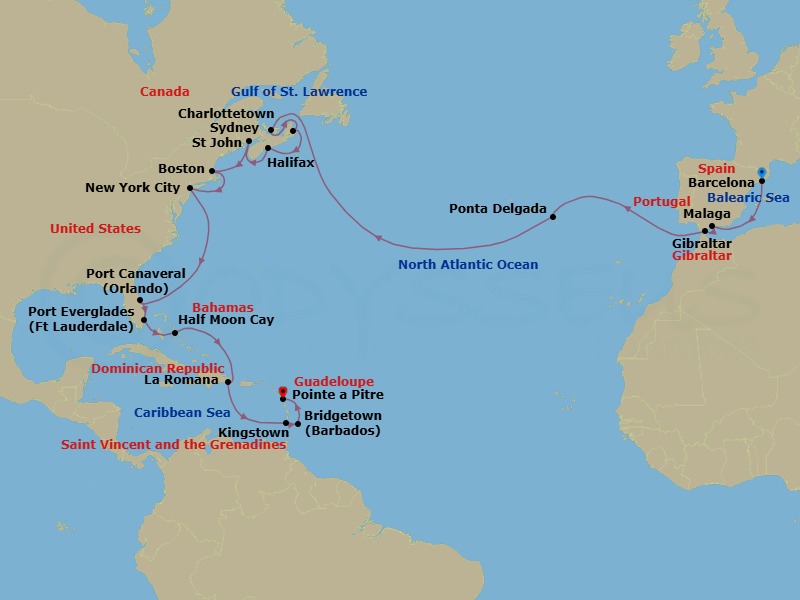 30 Night - Europe from Barcelona to Pointe a Pitre - Costa Fascinosa - Starting in Barcelona, Malaga, Gibraltar, Ponta Delgada (Azores), Charlottetown, Canada, Sydney NS, Nova Scotia, Canada, Halifax, Nova Scotia, Canada, Saint John NB, Boston, New York, Port Canaveral, Port Everglades, Half Moon Cay, La Romana, Kingstown, Saint Vincent, Bridgetown, Barbados, Pointe-a-Pitre itinerary map