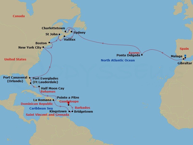 28 Night - Cruise from Malaga to Pointe a Pitre - Costa Fascinosa - Starting in Malaga, Gibraltar, Ponta Delgada (Azores), Charlottetown, Canada, Sydney NS, Nova Scotia, Canada, Halifax, Nova Scotia, Canada, Saint John NB, Boston, New York, Port Canaveral, Port Everglades, Half Moon Cay, La Romana, Kingstown, Saint Vincent, Bridgetown, Barbados, Pointe-a-Pitre itinerary map