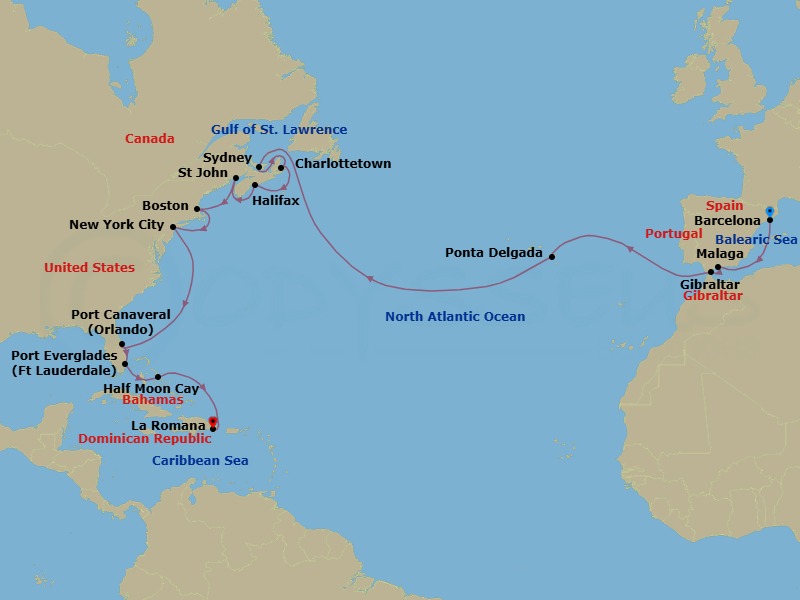 26 Night - Caribbean from Barcelona to La Romana - Costa Fascinosa - Starting in Barcelona, Malaga, Gibraltar, Ponta Delgada (Azores), Charlottetown, Canada, Sydney NS, Nova Scotia, Canada, Halifax, Nova Scotia, Canada, Saint John NB, Boston, New York, Port Canaveral, Port Everglades, Half Moon Cay, La Romana itinerary map