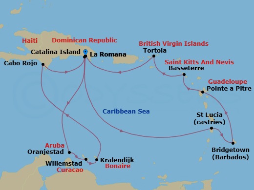 14 Night - Caribbean Roundtrip from La Romana - Costa Fascinosa - Starting in La Romana, Catalina Island, Oranjestad, Aruba, Willemstad AN, Curacao, Kralendijk, Cabo Rojo, La Romana, Castries, Bridgetown, Barbados, Pointe-a-Pitre, Basseterre, Saint Kitts, Road Harbour (Tortola), La Romana itinerary map