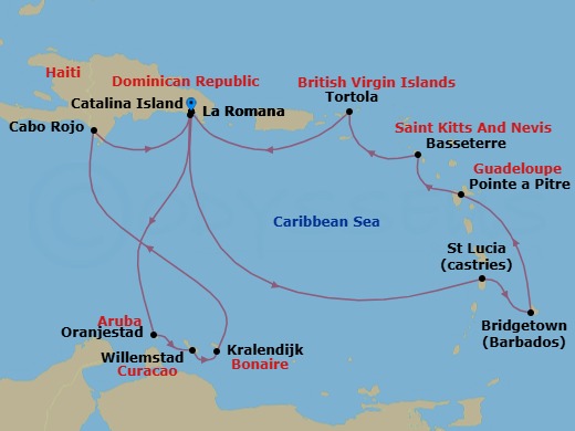 14 Night - Caribbean Roundtrip from La Romana - Costa Fascinosa - Starting in La Romana, Castries, Bridgetown, Barbados, Pointe-a-Pitre, Basseterre, Saint Kitts, Road Harbour (Tortola), La Romana, Catalina Island, Oranjestad, Aruba, Willemstad AN, Curacao, Kralendijk, Cabo Rojo, La Romana itinerary map