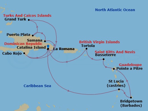 14 Night - Caribbean Roundtrip from La Romana - Costa Fascinosa - Starting in La Romana, Castries, Bridgetown, Barbados, Pointe-a-Pitre, Basseterre, Saint Kitts, Road Harbour (Tortola), La Romana, Catalina Island, Arroyo Barril (Samana), Puerto Plata, Dominican Republic, Grand Turk, Cabo Rojo, La Romana itinerary map