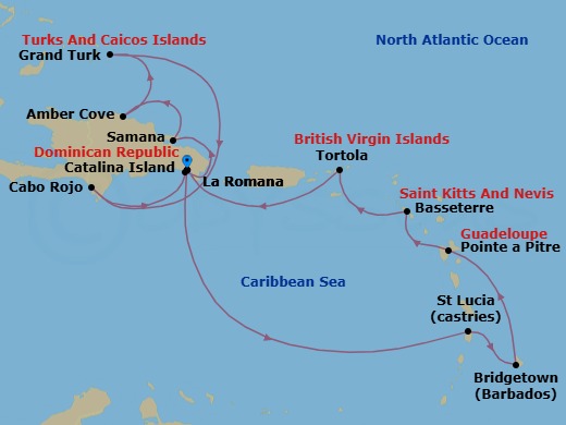 14 Night - Caribbean Roundtrip from La Romana - Costa Fascinosa - Starting in La Romana, Catalina Island, Arroyo Barril (Samana), Amber Cove, Grand Turk, Cabo Rojo, La Romana, Castries, Bridgetown, Barbados, Pointe-a-Pitre, Basseterre, Saint Kitts, Road Harbour (Tortola), La Romana itinerary map