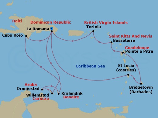 14 Night - Caribbean Roundtrip from La Romana - Costa Fascinosa - Starting in La Romana, Willemstad AN, Curacao, Oranjestad, Aruba, Kralendijk, Cabo Rojo, La Romana, Castries, Bridgetown, Barbados, Pointe-a-Pitre, Basseterre, Saint Kitts, Road Harbour (Tortola), La Romana itinerary map