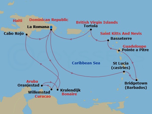 14 Night - Caribbean Roundtrip from La Romana - Costa Fascinosa - Starting in La Romana, Castries, Bridgetown, Barbados, Pointe-a-Pitre, Basseterre, Saint Kitts, Road Harbour (Tortola), La Romana, Willemstad AN, Curacao, Oranjestad, Aruba, Kralendijk, Cabo Rojo, La Romana itinerary map