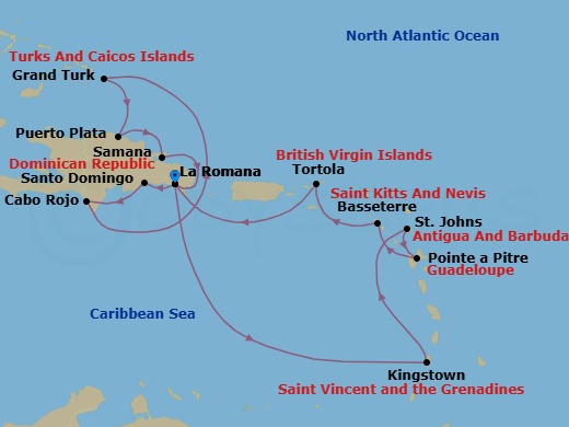 14 Night - Caribbean Roundtrip from La Romana - Costa Fascinosa - Starting in La Romana, Kingstown, Saint Vincent, St Johns AG, Antigua, Pointe-a-Pitre, Basseterre, Saint Kitts, Road Harbour (Tortola), La Romana, Santo Domingo, Cabo Rojo, Grand Turk, Puerto Plata, Dominican Republic, Arroyo Barril (Samana), La Romana itinerary map