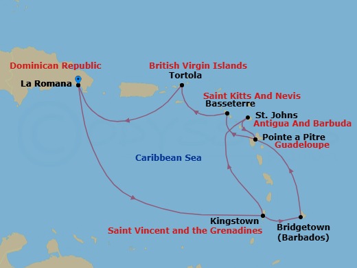 14 Night - Caribbean Roundtrip from La Romana - Costa Fascinosa - Starting in La Romana, Kingstown, Saint Vincent, Bridgetown, Barbados, Pointe-a-Pitre, Basseterre, Saint Kitts, Road Harbour (Tortola), La Romana, Kingstown, Saint Vincent, St Johns AG, Antigua, Pointe-a-Pitre, Basseterre, Saint Kitts, Road Harbour (Tortola), La Romana itinerary map