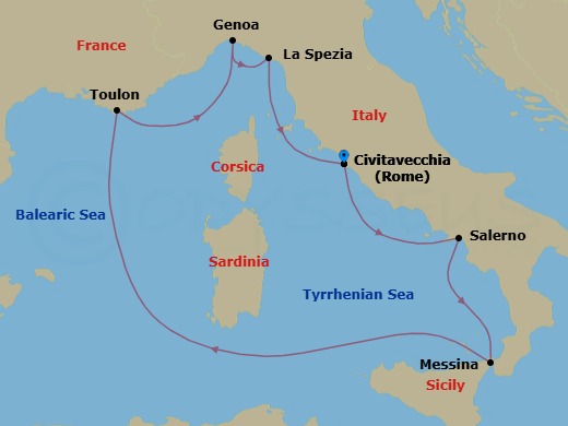 7 Night - Western Mediterranean Roundtrip from Rome (Civitavecchia) - Costa Fascinosa - Starting in Civitavecchia (Rome), Salerno (Amalfi Coast), Messina (Taormina), La Seyne (St Tropez), Genoa (Portofino), La Spezia (Florence), Civitavecchia (Rome) itinerary map