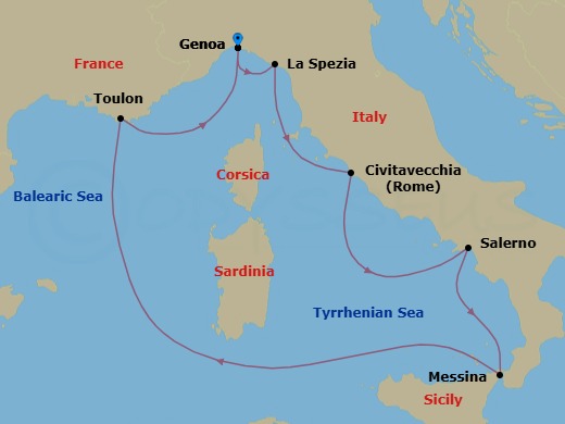 7 Night - Europe Roundtrip from Genoa - Costa Fascinosa - Starting in Genoa (Portofino), La Spezia (Florence), Civitavecchia (Rome), Salerno (Amalfi Coast), Messina (Taormina), La Seyne (St Tropez), Genoa (Portofino) itinerary map
