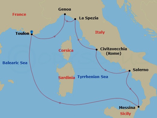 7 Night - Norway Roundtrip from Toulon - Costa Fascinosa - Starting in La Seyne (St Tropez), Genoa (Portofino), La Spezia (Florence), Civitavecchia (Rome), Salerno (Amalfi Coast), Messina (Taormina), La Seyne (St Tropez) itinerary map