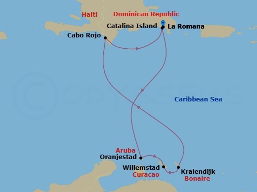 7 Night - Caribbean Roundtrip from La Romana - Costa Fascinosa - Starting in La Romana, Catalina Island, Oranjestad, Aruba, Willemstad AN, Curacao, Kralendijk, Cabo Rojo, La Romana itinerary map